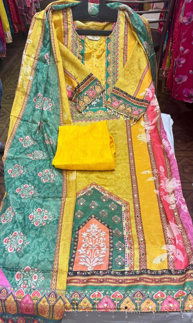 Premium Printed Suit Set – Mustard & Pink Festive Edition