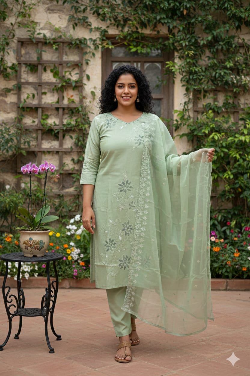 🌿 Mint Green Embroidered Kurta Set with Dupatta 🌿