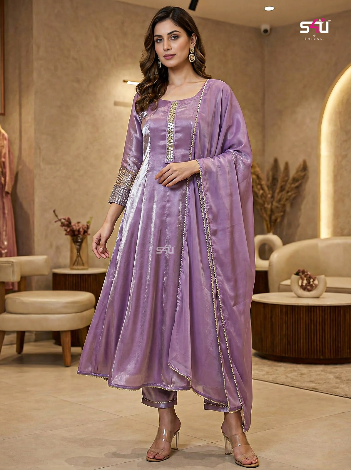 Lavender Shimmer Anarkali Suit Set with Dupatta