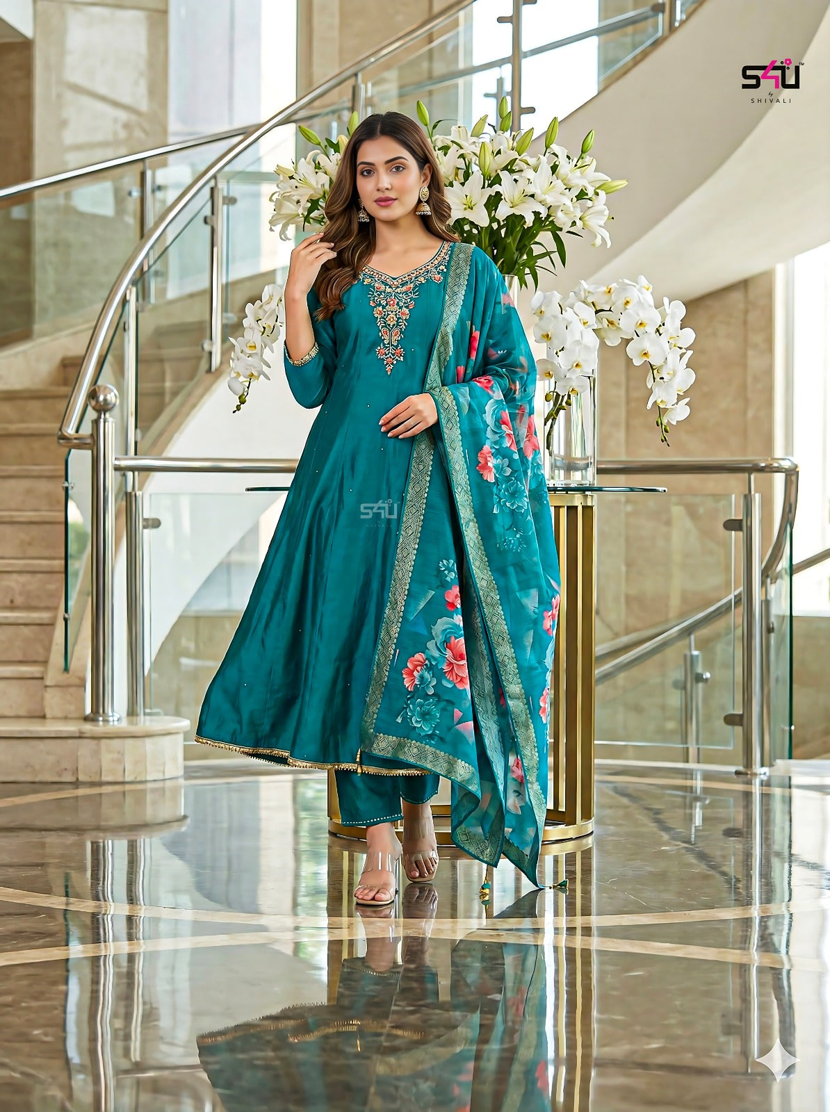 ⨠Teal Green Embroidered Anarkali Suit Set â¨