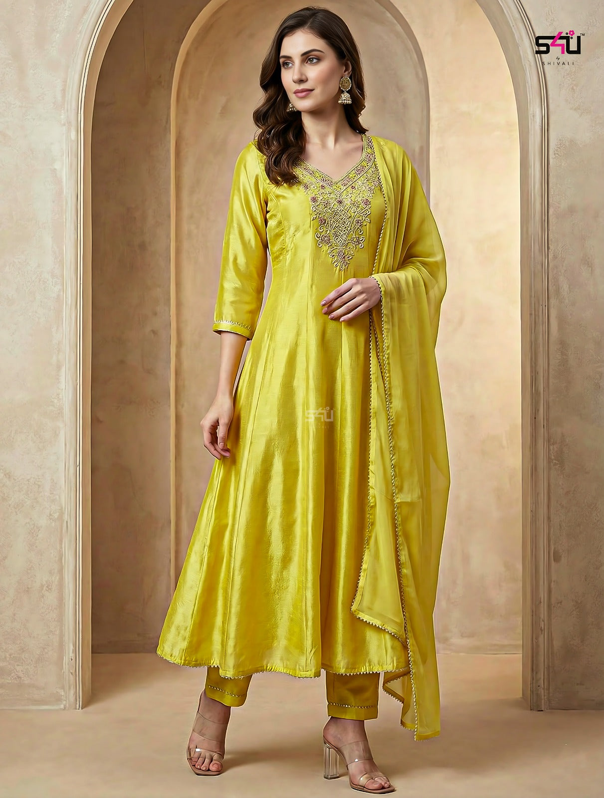⨠Mustard Yellow Embroidered Anarkali Suit Set â¨