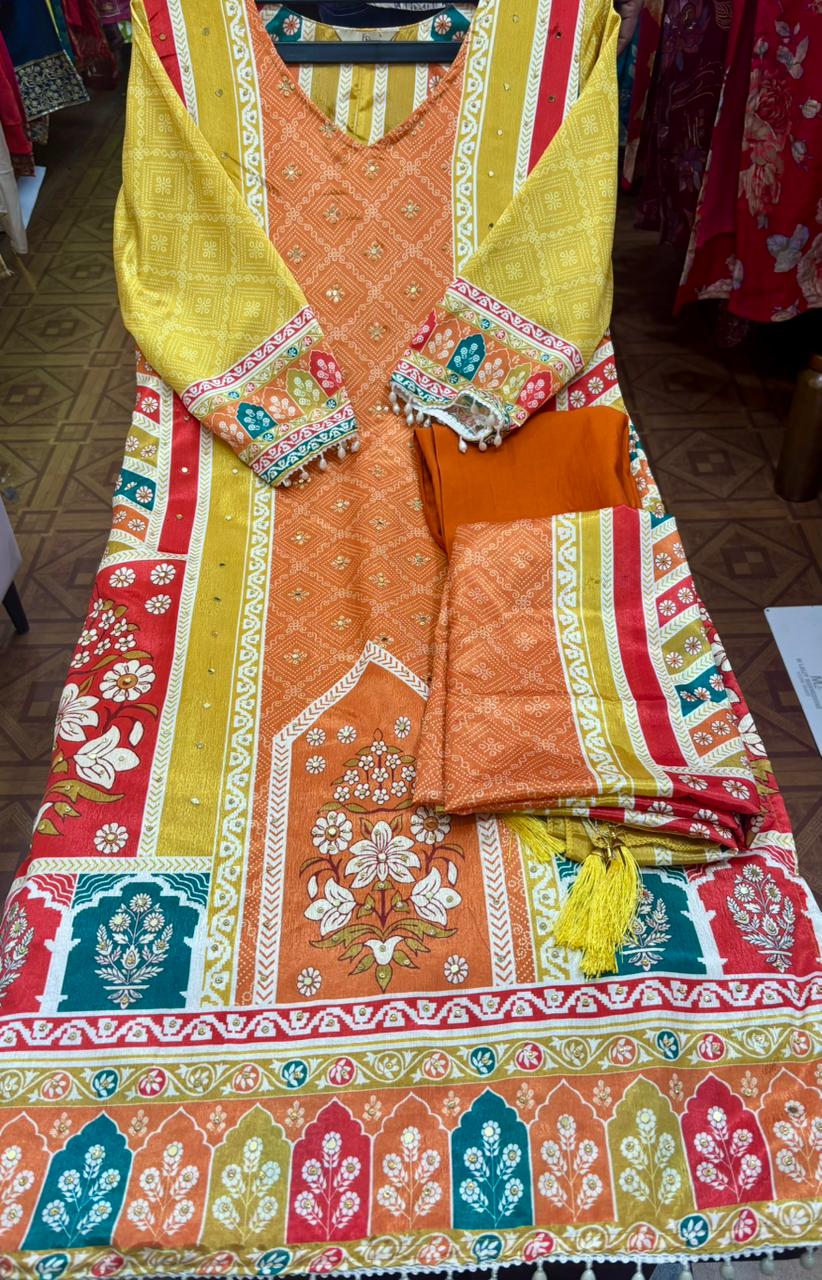 Premium Printed Suit Set – Mustard & Pink Festive Edition