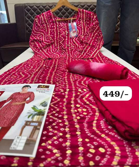✨ Charita Rayon Printed Kurti Set – Elegant Bandhani Look