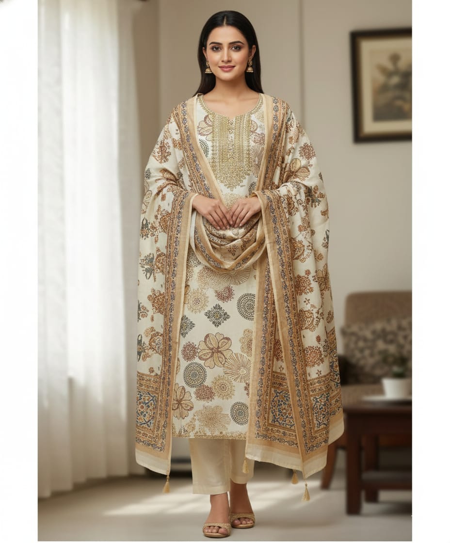 Women’s Navy Blue Floral Kurta Set with Dupatta –