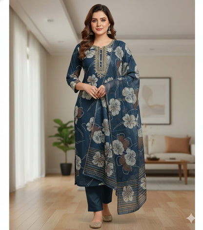 Women’s Navy Blue Floral Kurta Set with Dupatta –