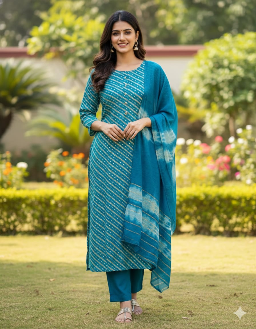 Women’s Teal Blue Printed Kurta Set with Dupatta