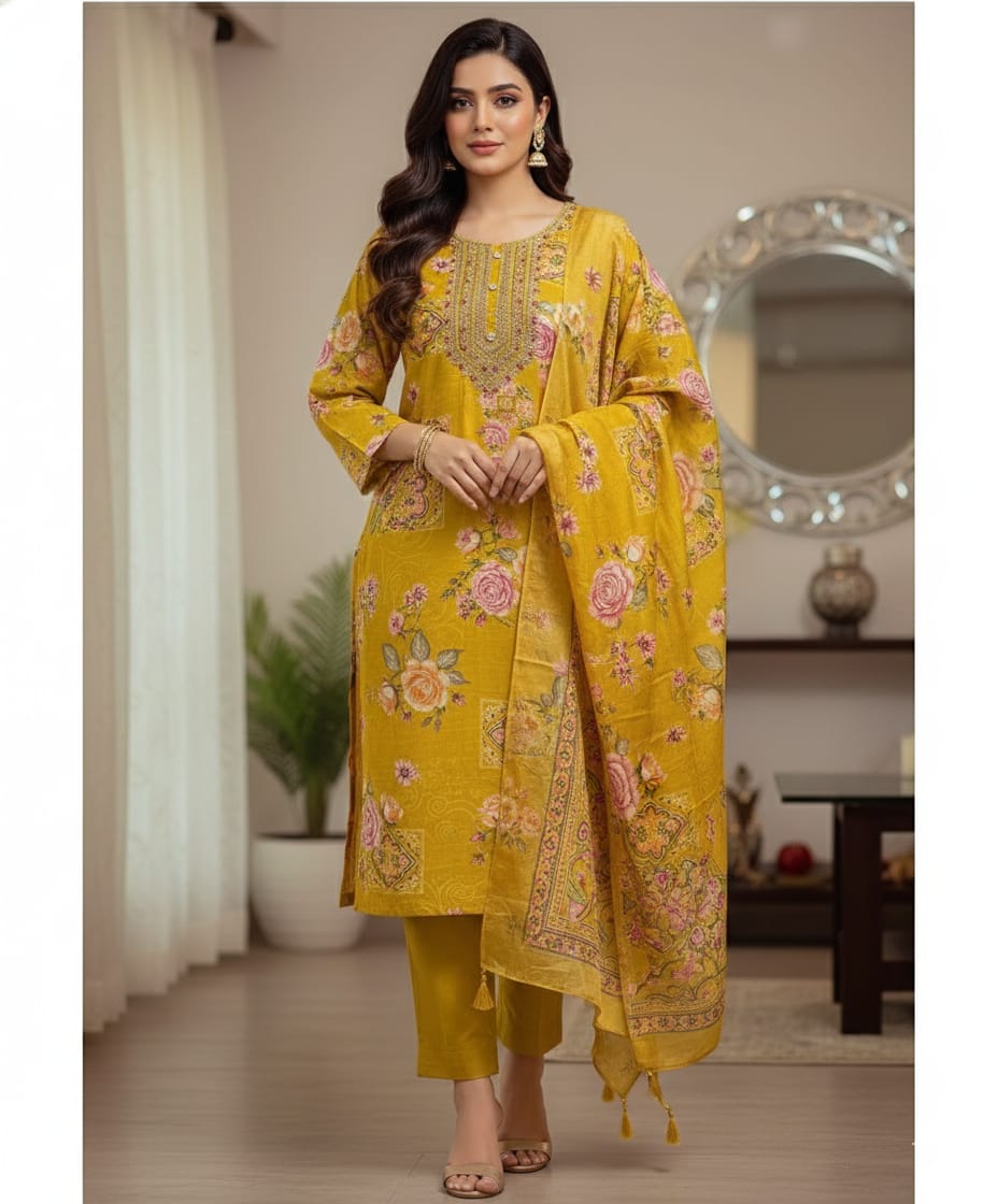 Women’s Navy Blue Floral Kurta Set with Dupatta –