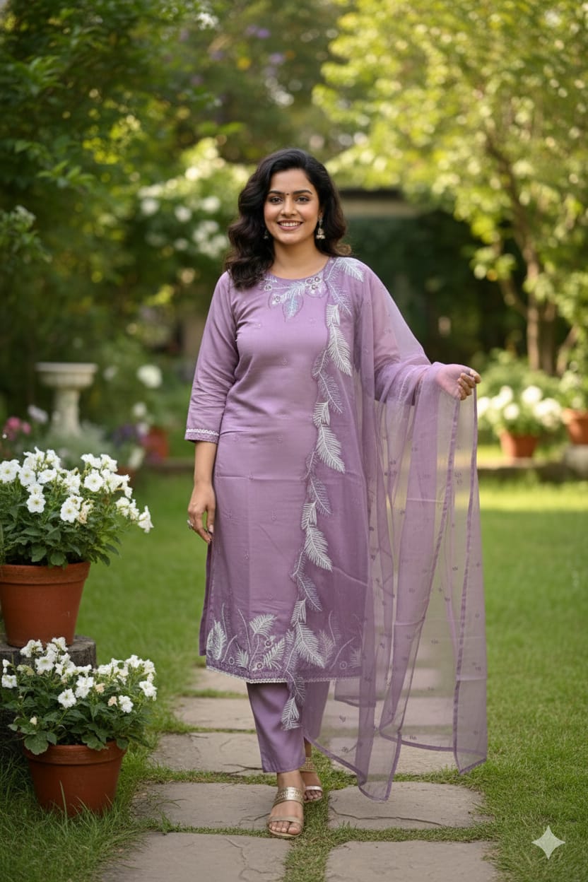 🌸 Lavender Embroidered Kurta Set with Dupatta 🌸