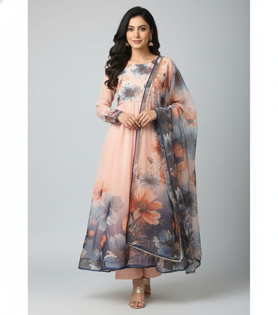 🌸 Peach Floral Printed Anarkali Suit with Dupatta 🌸