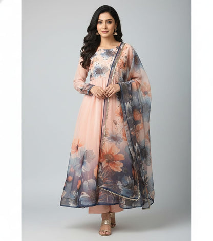 🌸 Peach Floral Printed Anarkali Suit with Dupatta 🌸