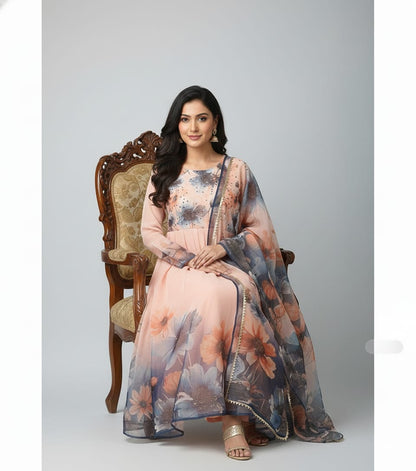 🌸 Peach Floral Printed Anarkali Suit with Dupatta 🌸