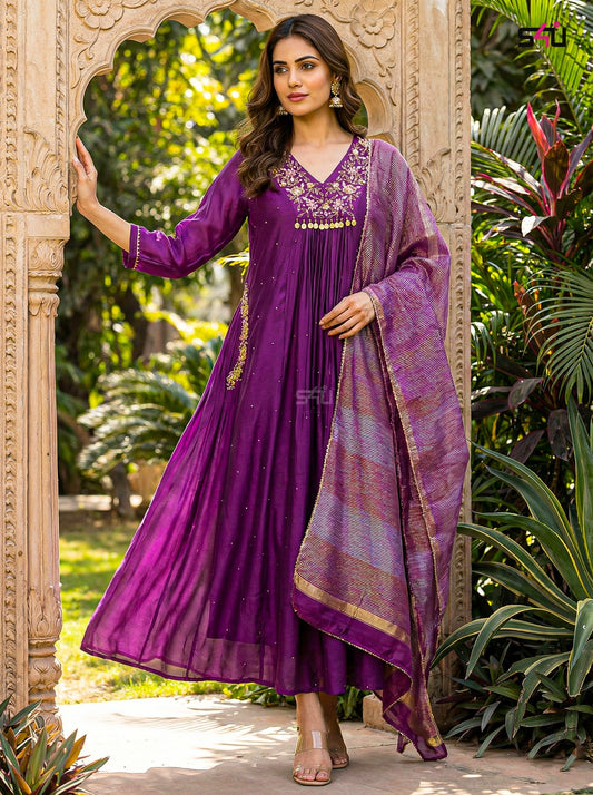 Elegant Purple Embroidered Anarkali Suit Set
