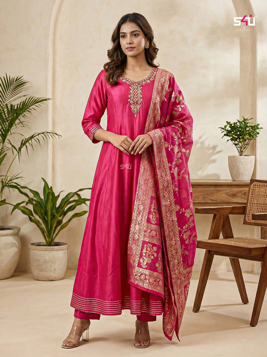 ✨ Rani Pink Embroidered Anarkali Suit Set ✨